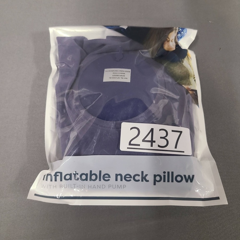 Blue Inflatable Neck Pillow Easy Travel Accessory New With Built In Hand Pump